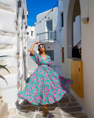 RITA DRESS GREEN PINK SOBOHEMIAN